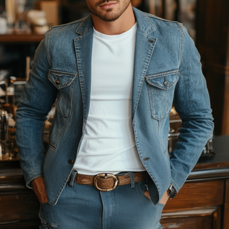 Men's Retro Notched Lapel Denim Single Breasted Multi-Pocket Slim Fit Blazer