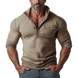 Men's Vintage Stand-collar Half-pull Denim T-shirt