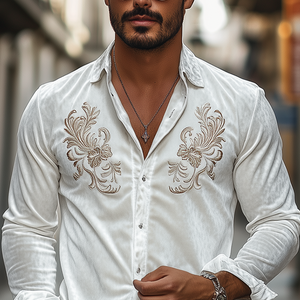 Men's Classic Vintage Velvet Embroidered Long Sleeve Shirt