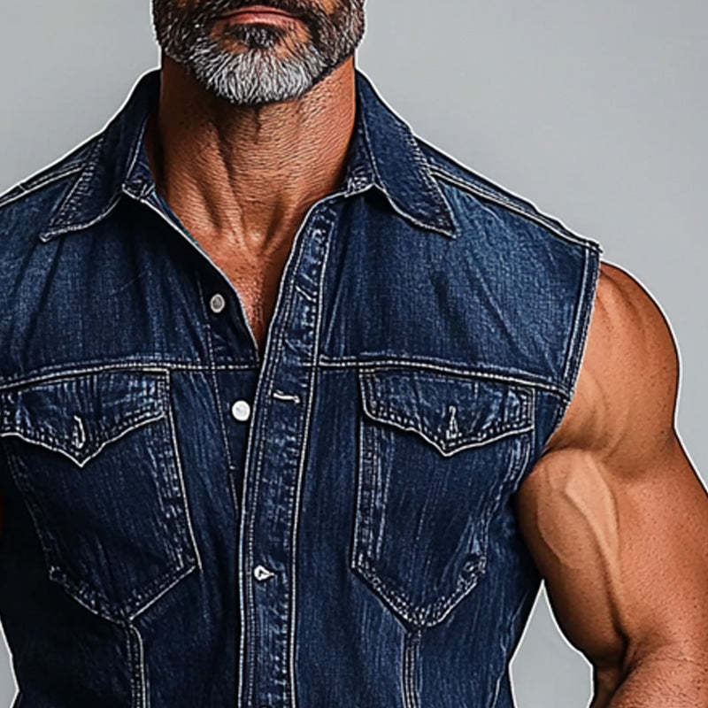 Herren-Jeansweste mit gewaschenem Revers im Vintage-Stil