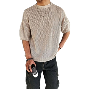 Men's Casual Round Neck Loose Knitted Short Sleeve Sweater T-Shirt