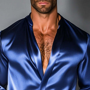 Lockeres, glänzendes Langarmhemd mit Stehkragen für Herren