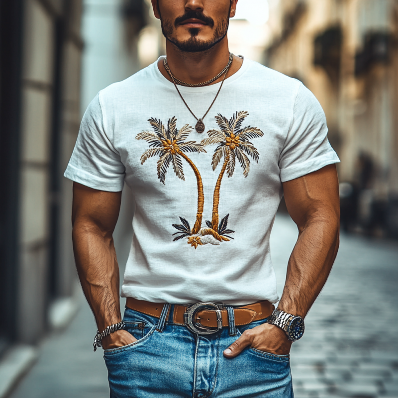 Lässiges Herren-T-Shirt mit Kokosnussbaum-Stickerei, Baumwolle, Rundhalsausschnitt, schmales Kurzarm-T-Shirt