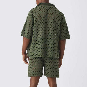 Men's Solid Color Knitted Short-Sleeved Shorts Two-Piece Set