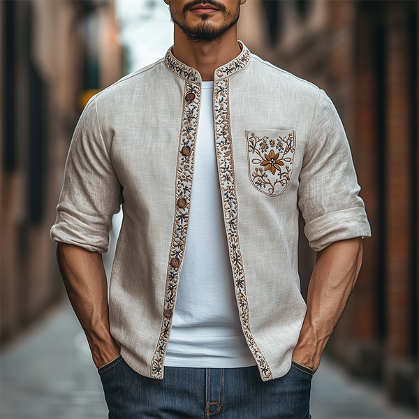 Herren Frühlingsmode Retro Stehkragen Besticktes Langarmhemd