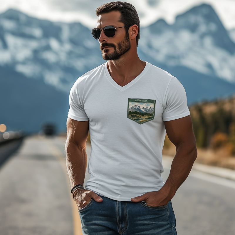 Lässiges Herren-T-Shirt aus Baumwolle mit V-Ausschnitt und Tasche der Yellowstone-Serie, kurzärmelig