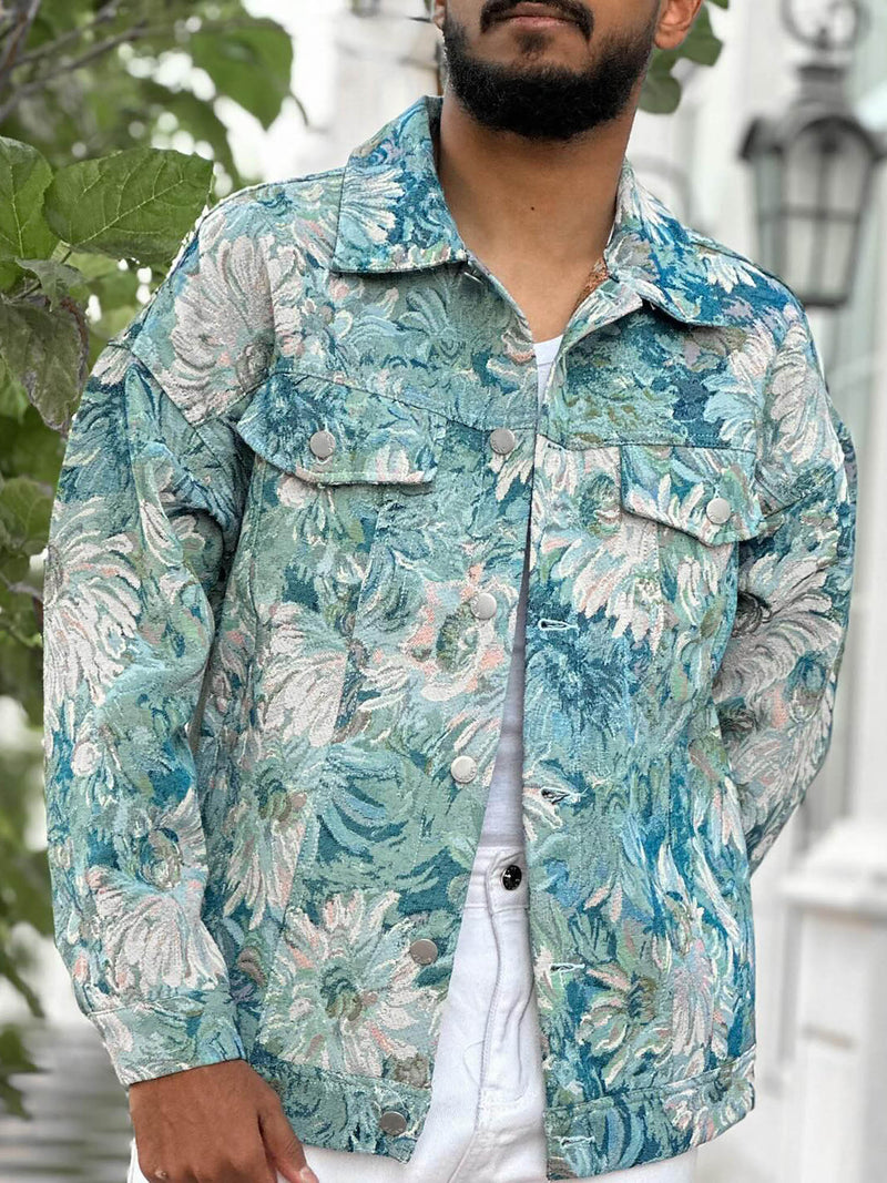 Oil Painting Jacquard Flower Denim Jacket