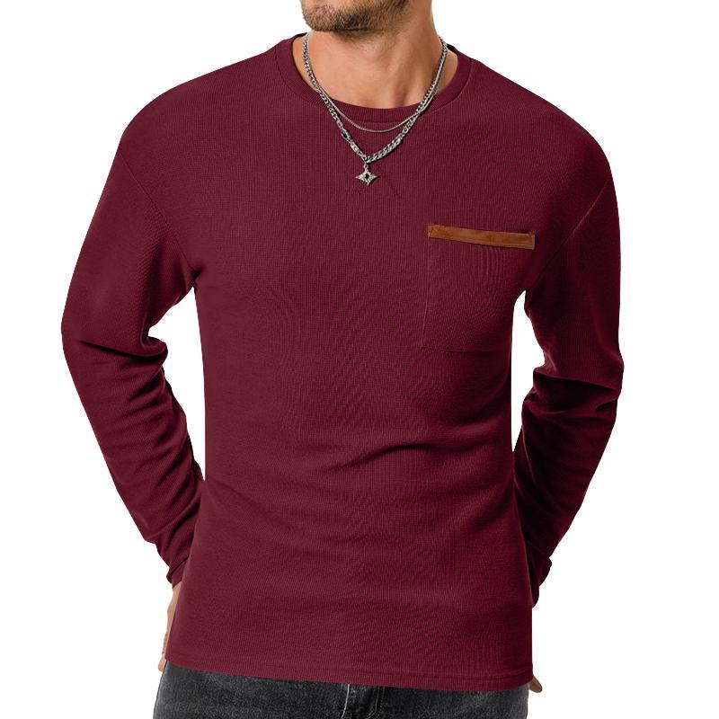 Lässiges Herren-T-Shirt mit Waffelmuster, Rundhalsausschnitt, aufgesetzter Tasche, Slim Fit, Langarm