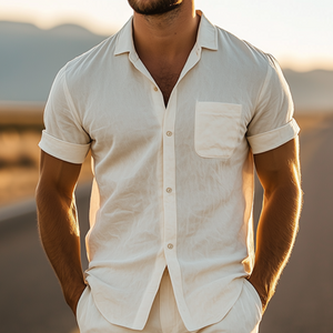 Men's Summer Fashion Casual Slim Fit Silk Cotton Short Sleeve Shirt Pocket Shorts Set