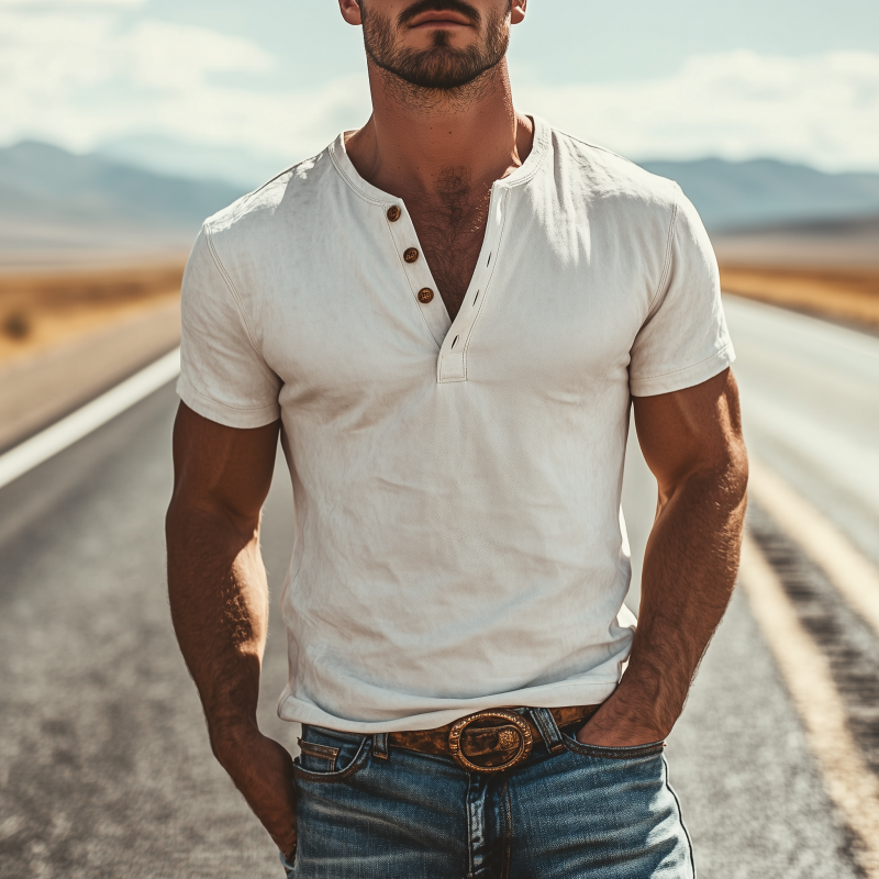 Men's Classic American Vintage Henley Collar Suede Short Sleeve T-Shirt