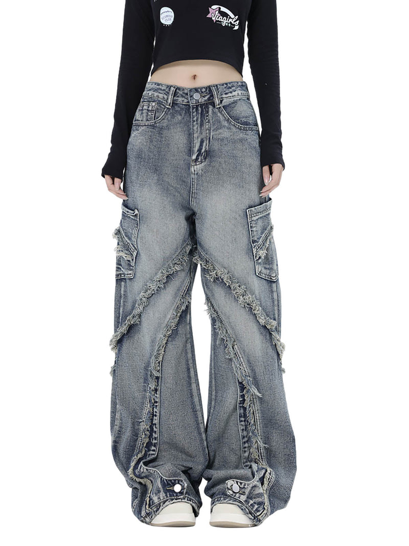 Washed Side Pocket Raw Edge Baggy Jeans