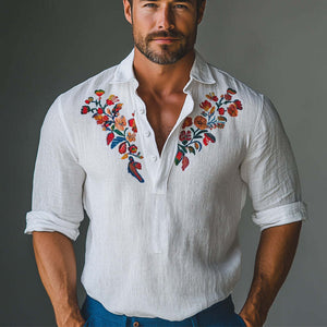 Men's Cotton And Linen Embroidered Polo Collar Casual Long Sleeve T-Shirt