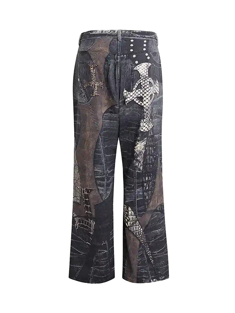 Full Cross Stitching Leather Flare Jeans