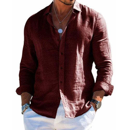 Men's Cotton And Linen Casual Solid Color Lapel Shirt