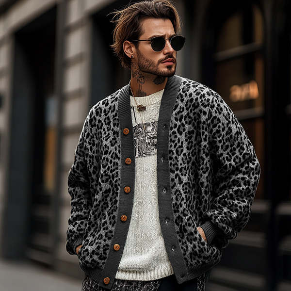 Herren-Cardigan im Vintage-Stil mit Leopardenmuster und Jacquard-Farbblockmuster, einreihig