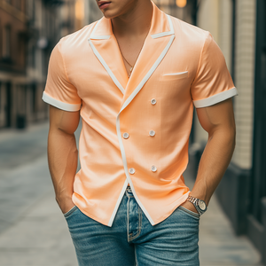 Men's Spring And Summer Fashion Slim Lapel Double-Breasted Tencel Cotton Short-Sleeved Shirt