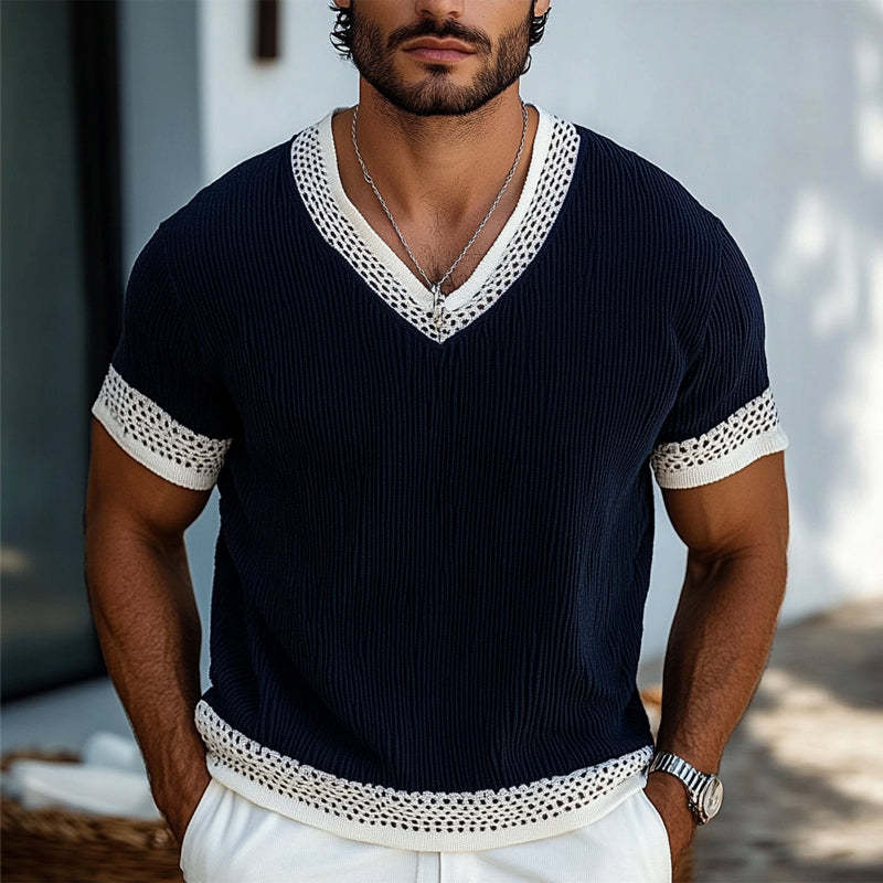 Men's Contrast Knit V-Neck Short Sleeve Sweater T-Shirt