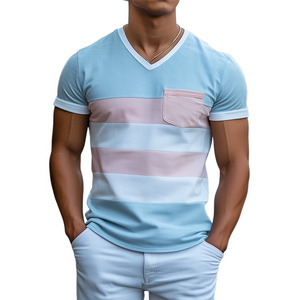 Personalisiertes, lässiges Herren-T-Shirt mit V-Ausschnitt und hellen Wildledernähten, kurzärmelig