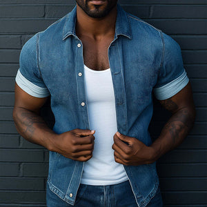 Herren Retro Casual Denim Washed Revers Kurzarmhemd