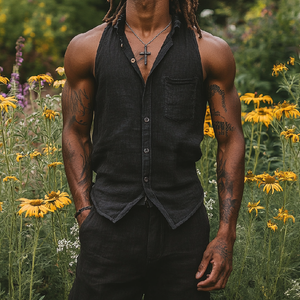 Lässiges Herrenhemd aus Baumwolle und Leinen mit aufgesetzter Reverstasche und schmalem Ärmel