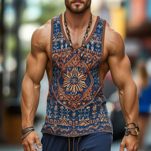 Herren-Tanktop im Retro-Stil, lässig, ethnischer Stil, geometrischer Druck, Rundhalsausschnitt