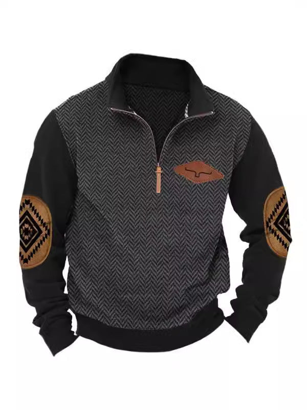 MEN'S RETRO HERRINGBONE FABRIC HENRY ELBOW PATCH COLOR BLOCKED WESTERN SWEATSHIRT