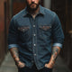 Men's Vintage Blue Embroidered Washed Denim Long Sleeve Shirt