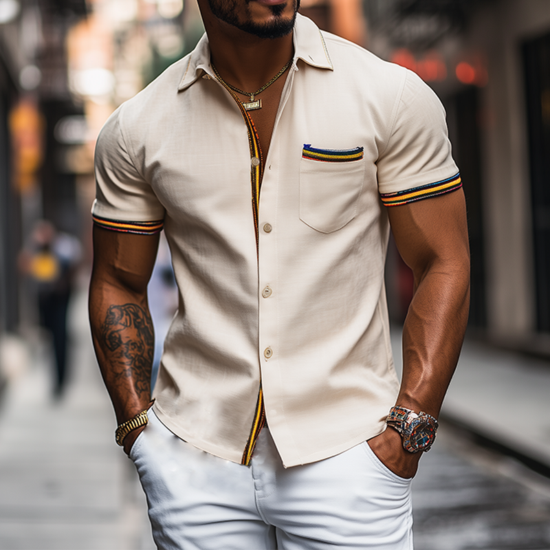 Herrenmode Casual Slim Fit Buntes Bandnähte Kurzarmhemd aus Baumwolle und Leinen
