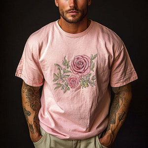 Men's Casual Rose Printed Round Neck Short Sleeve T-Shirt