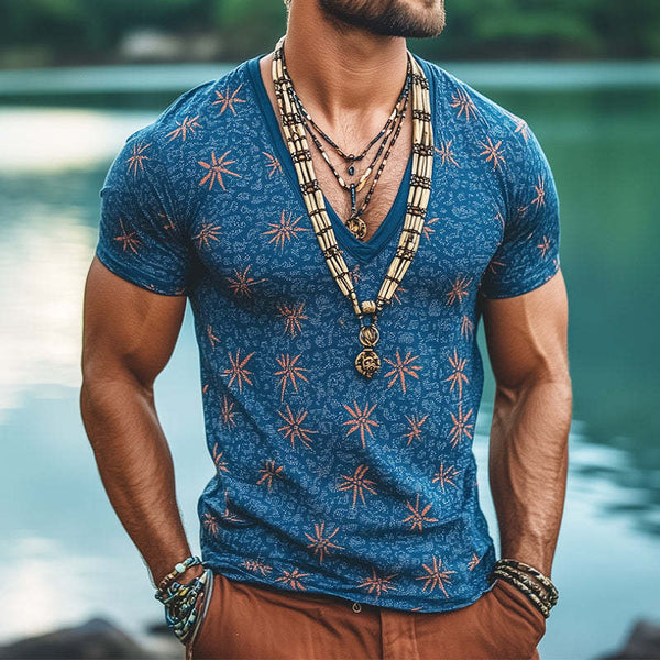 Men's Retro Casual Floral Print V-Neck Short Sleeve T-Shirt