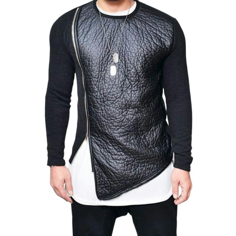 Men's Leather Stitching Zip-up Round Neck Long-sleeved T-shirt (Internal T-shirt Not Included)