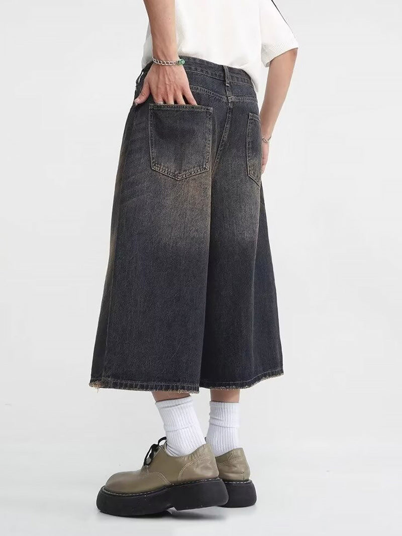 Retro Ripped Blue Straight Wide Leg Jort