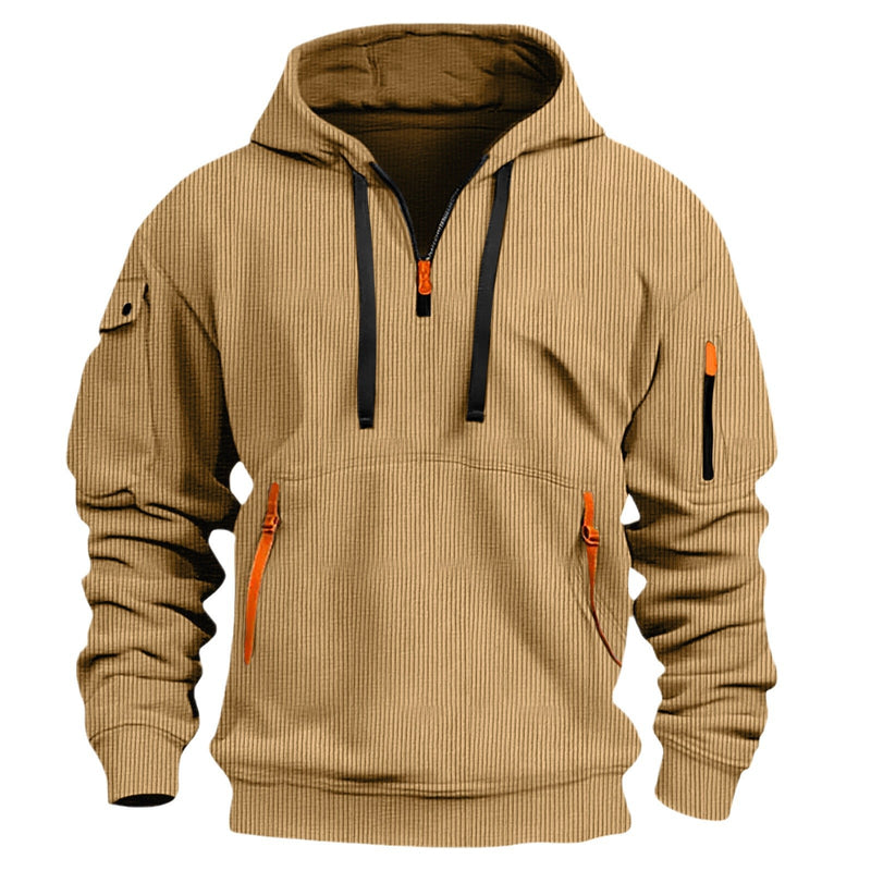 HOODED SPORTS AND LEISURE JACKET, ZIPPER PATCH POCKET, SEMI CARDIGAN, TRENDY MEN'S HOODIE