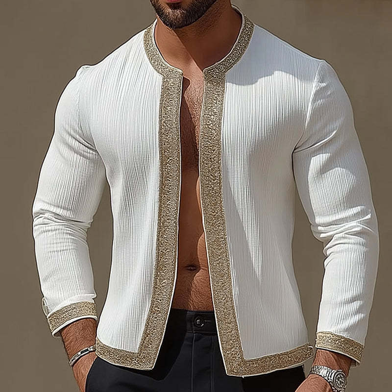 Herren Retro Casual Gestreiftes Langarmhemd ohne Kragen