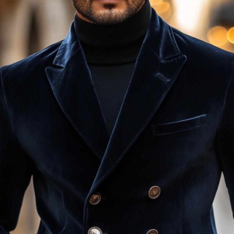 Eleganter Vintage-Blazer aus Samt mit steigendem Revers für Herren, zweireihig, schmale Passform