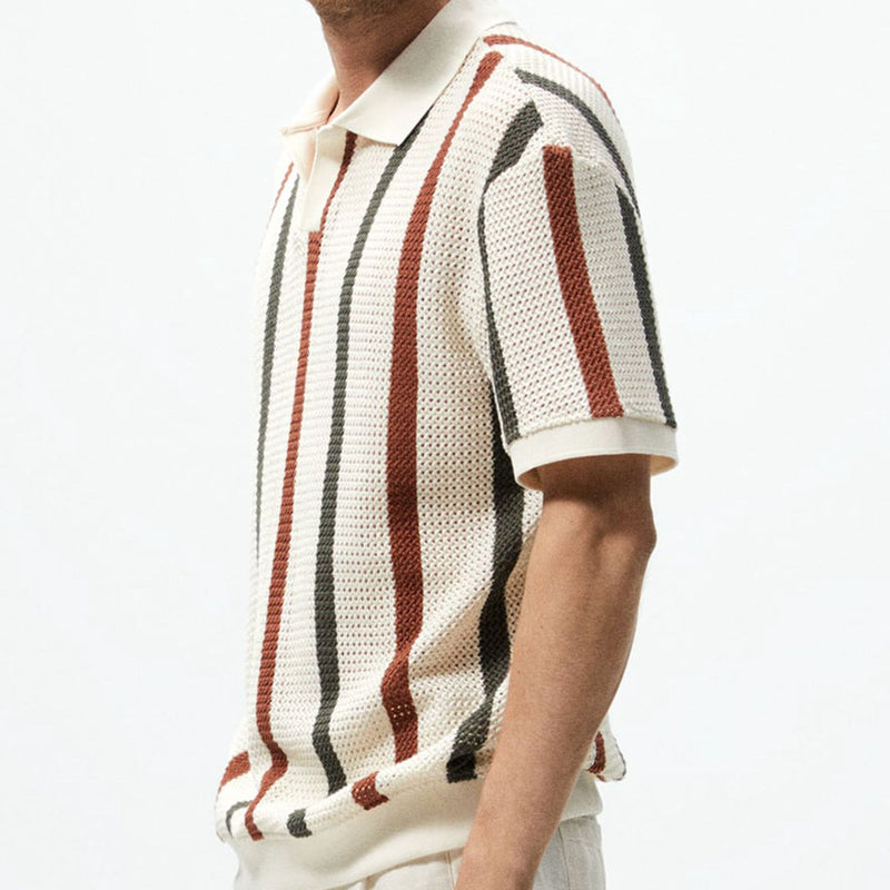 THICK NEEDLE HOLLOWED OUT STRIPED CONTRASTING WOOLEN CASUAL POLO SHIRT