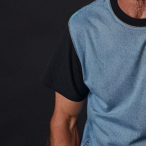 Men's Thin Denim Ptachwork Round Neck Short Sleeve T-Shirt