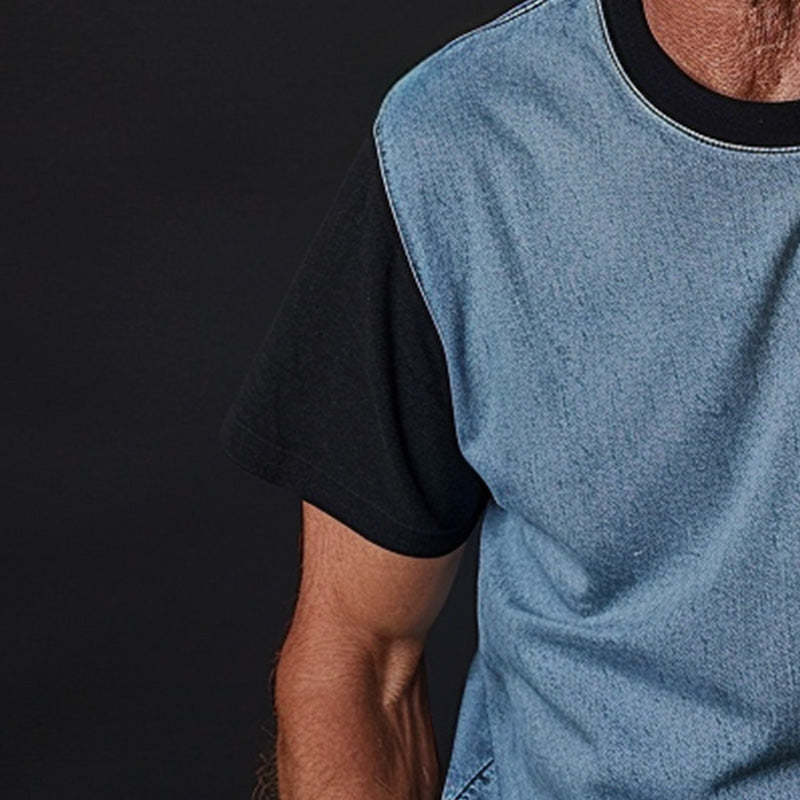 Dünnes Denim-Ptachwork-T-Shirt für Herren mit Rundhalsausschnitt und kurzen Ärmeln
