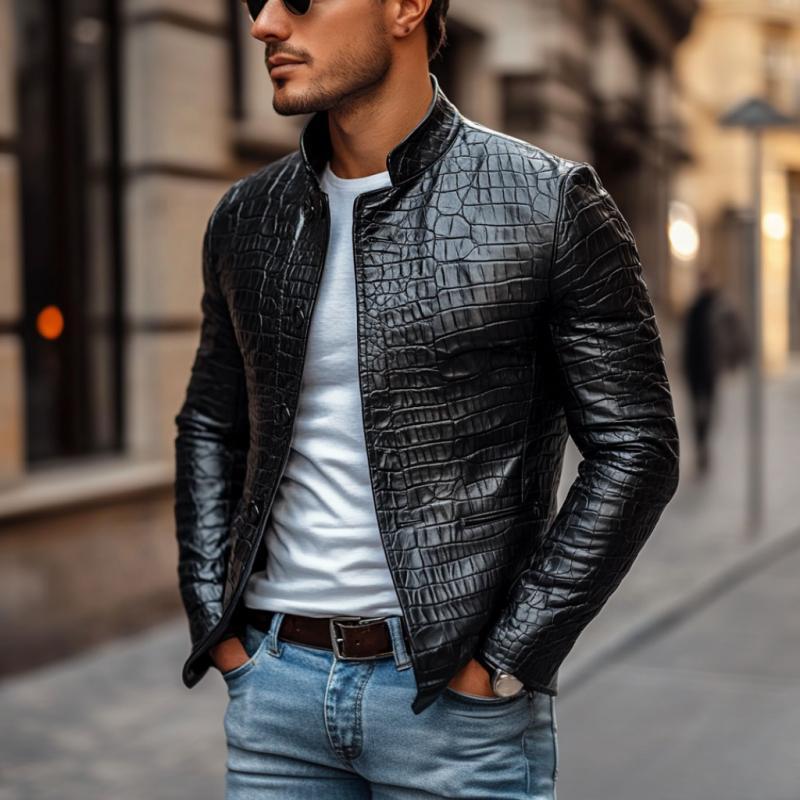 Herrenmode Krokodilleder Stehkragen Einreihige Slim Fit Jacke