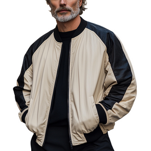 Men's Retro Black Camel Colorblock Zipper Baseball Jacket