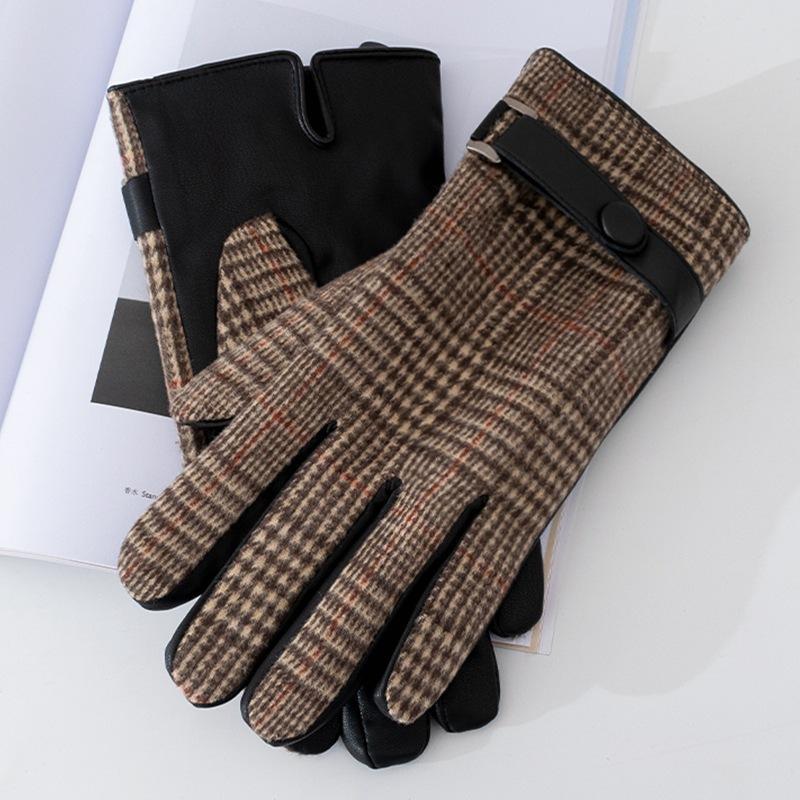 Men's Plaid Plush Warm Touch Screen PU Leather Gloves