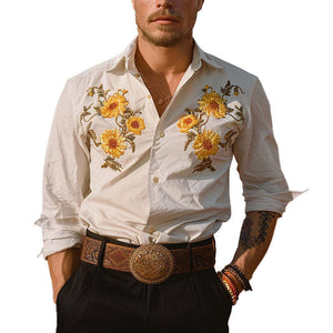 Men's Casual Floral Embroidery Print Long Sleeve Shirt