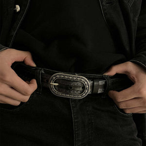 Men's Vintage Distressed Engraved Embossed Genuine Leather Belt