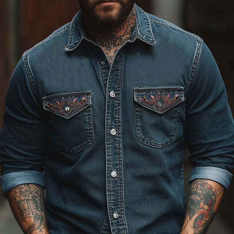 Men's Vintage Blue Embroidered Washed Denim Long Sleeve Shirt
