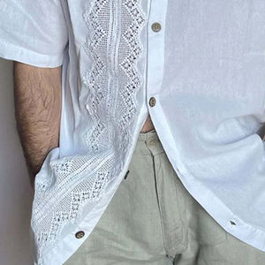 Einfarbiges Langarmhemd mit gespleißtem Revers und Spitze für Herren 