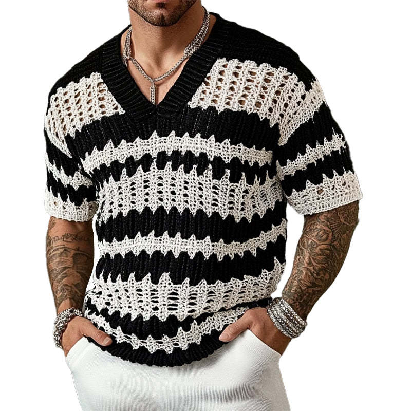 Herren-Strick-T-Shirt mit V-Ausschnitt und kurzen Ärmeln in Kontrastfarbe
