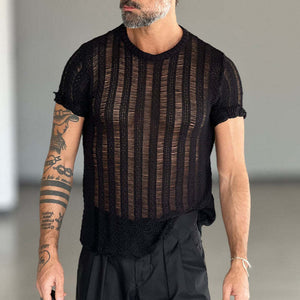 Einfarbiges, kurzärmliges Strick-T-Shirt mit Rundhalsausschnitt für Herren