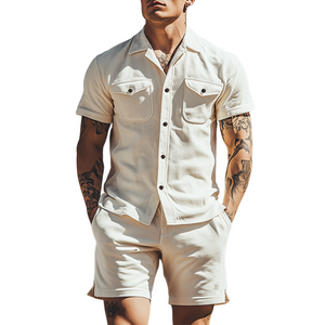 Men's Spring Fashion Casual Suede Short Sleeve Shirt Length To Knee Shorts Set