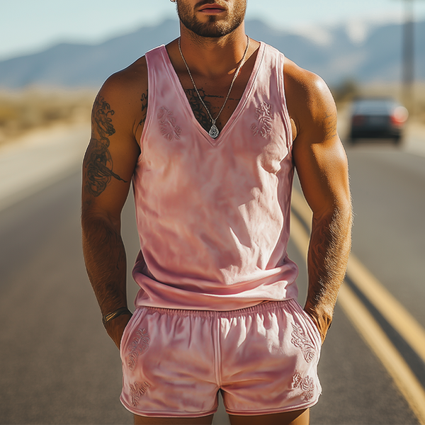 Herren Frühlingsmode Casual Slim Fit Besticktes Wildleder Tank Top Shorts Set