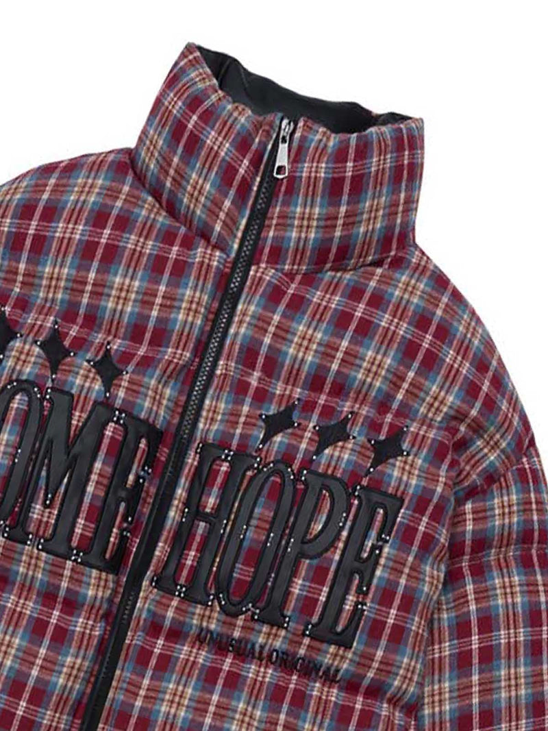 Retro Plaid PU Leather Patchwork Embroidery Puffer Jacket